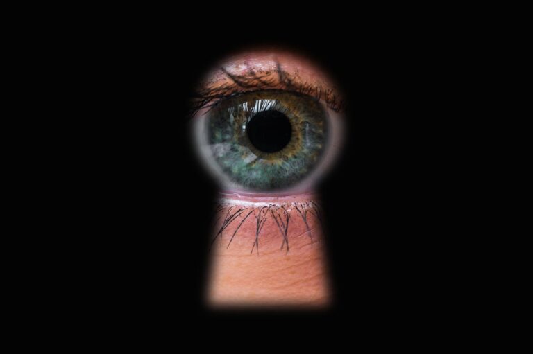 eye looking through keyhole towards viewer
